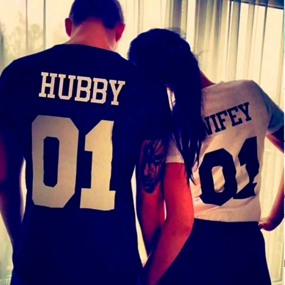 CouplesChoices.com matching ‘Wifey 01’ and ‘Hubby 01’ shirts – a bold, modern expression of love and unity, perfect for couples who ride together, adventure together, and lead as one.