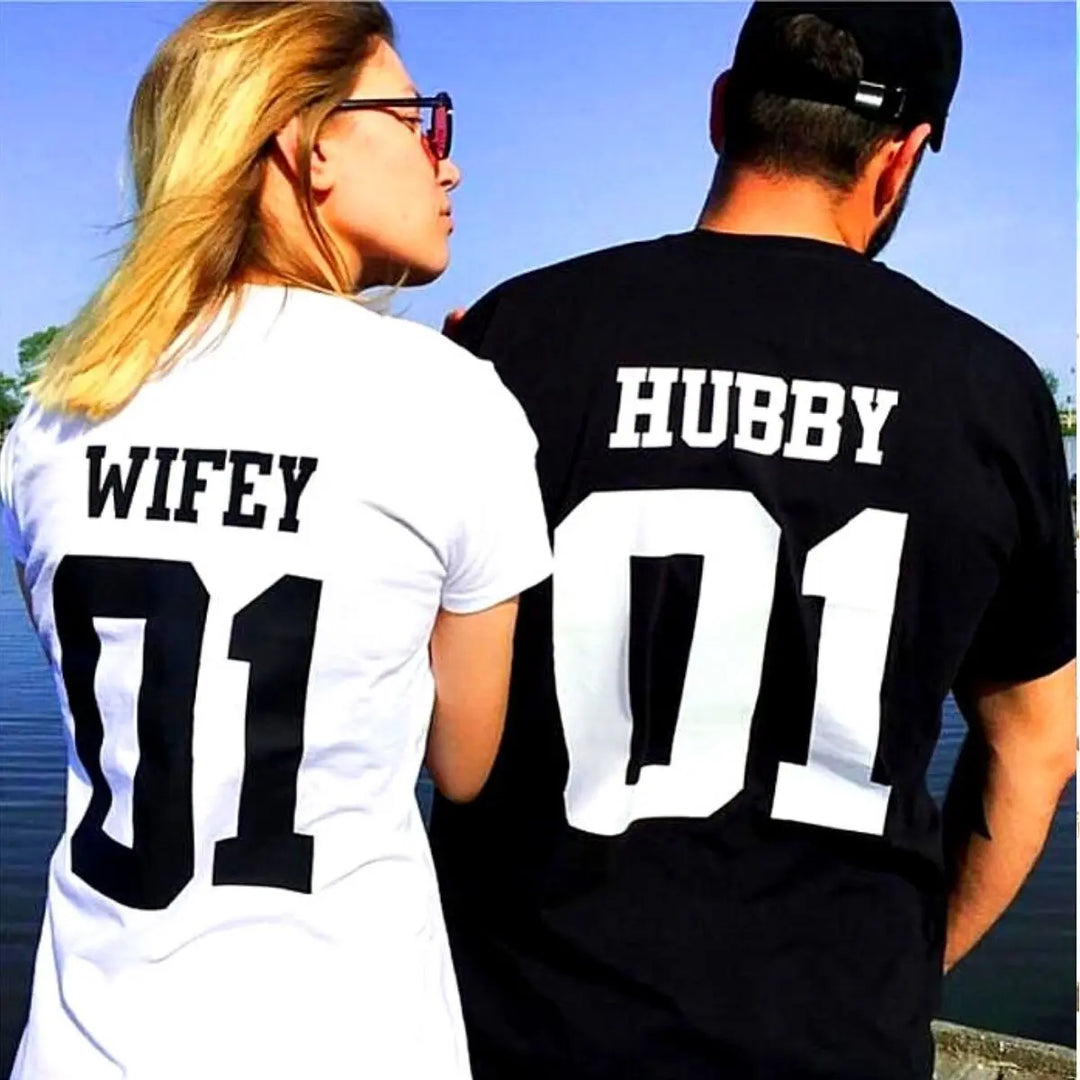 CouplesChoices.com matching ‘Wifey 01’ and ‘Hubby 01’ shirts – a bold, modern expression of love and unity, perfect for couples who ride together, adventure together, and lead as one.