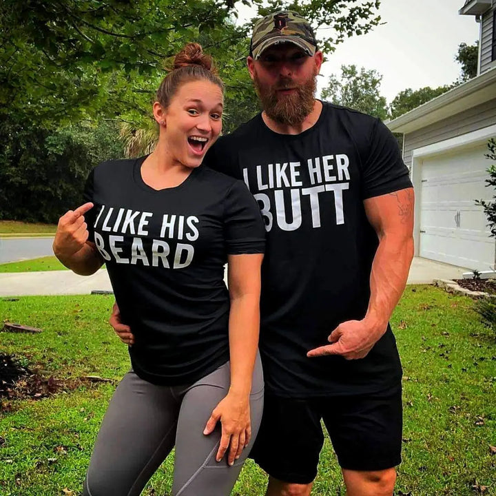 Couples matching black T-shirts from CouplesChoices.com—hers reads “I Like His Beard” and his says “I Like Her Butt.” A fun, cheeky way to show off attraction, personality, and a playful connection in modern relationships.