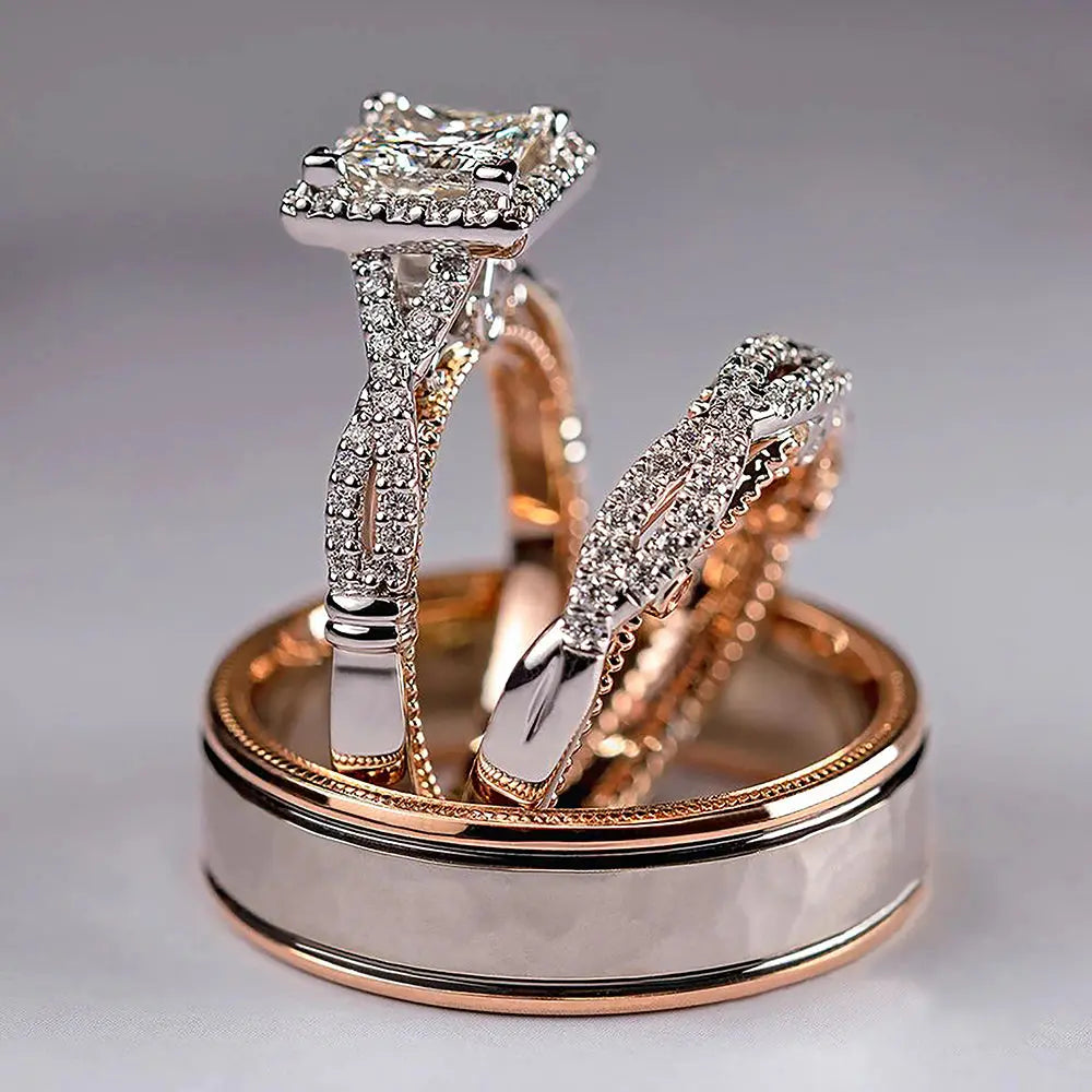 Del Mar ring set by CouplesChoices.com, featuring a princess-cut center diamond with pavé infinity band in rose gold, paired with a hammered silver-tone men’s band with rose gold edges.