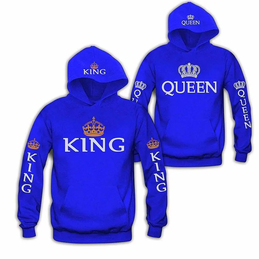 Royal blue matching couple hoodies from CouplesChoices.com featuring bold white “KING” and “QUEEN” lettering with crown graphics on the chest, sleeves, and hood. A stylish, statement-making set for couples who reign in love and unity.