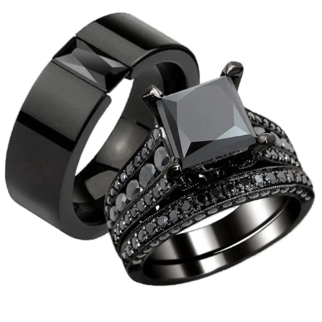 Sleek and bold, the Night Magic Rings from CouplesChoices.com feature a striking black princess-cut stone and matching band, designed for couples who dare to stand out with timeless elegance and powerful unity.