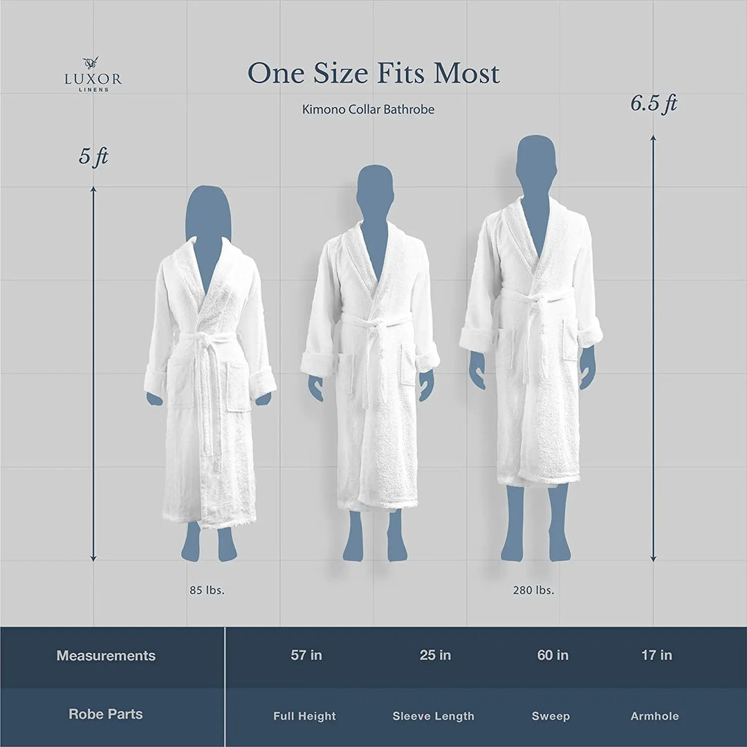 Unisex bathrobe size chart showing “One Size Fits Most” with robe dimensions and fit for heights 5 ft to 6.5 ft and weights 85–280 lbs.
